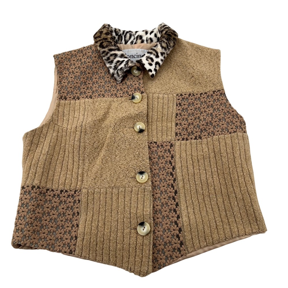 CONCINNO‎ Patchwork Vintage Vest Leopard Collar Women's Size M Button Front